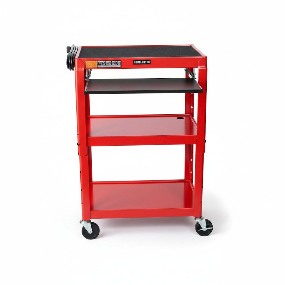 Adjustable-Height Three-Shelf Media Utility Cart - Pullout Keyboard Tray, Red. Picture 2