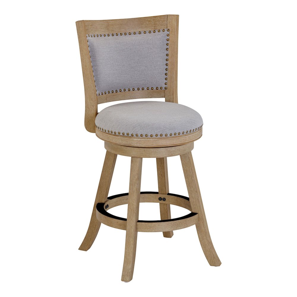 Melrose Grey Fabric Swivel Counter Stool - Driftwood Wire-Brush Finish. Picture 1