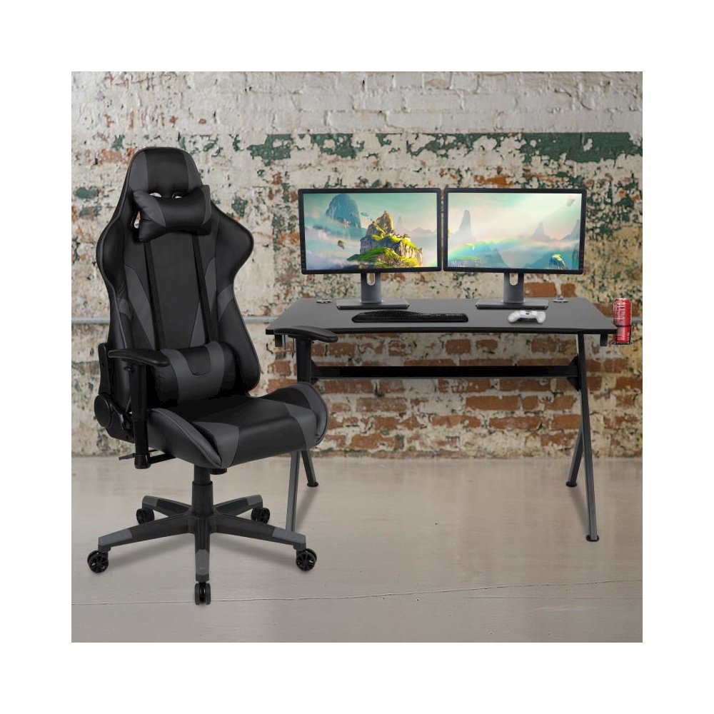 Black Gaming Desk and Gray/Black Reclining Gaming Chair Set with Cup Holder, Headphone Hook & 2 Wire Management Holes. Picture 2