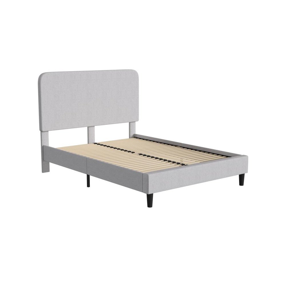 Light Grey Queen Fabric Upholstered Platform Bed - Headboard with Rounded Edges - No Box Spring or Foundation Needed. Picture 1