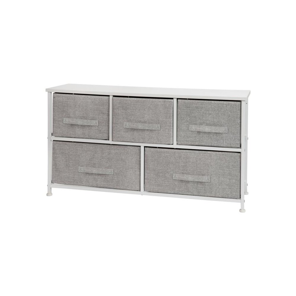 5 Drawer Wood Top White Cast Iron Frame Vertical Storage Dresser with Light Gray Easy Pull Fabric Drawers. Picture 1