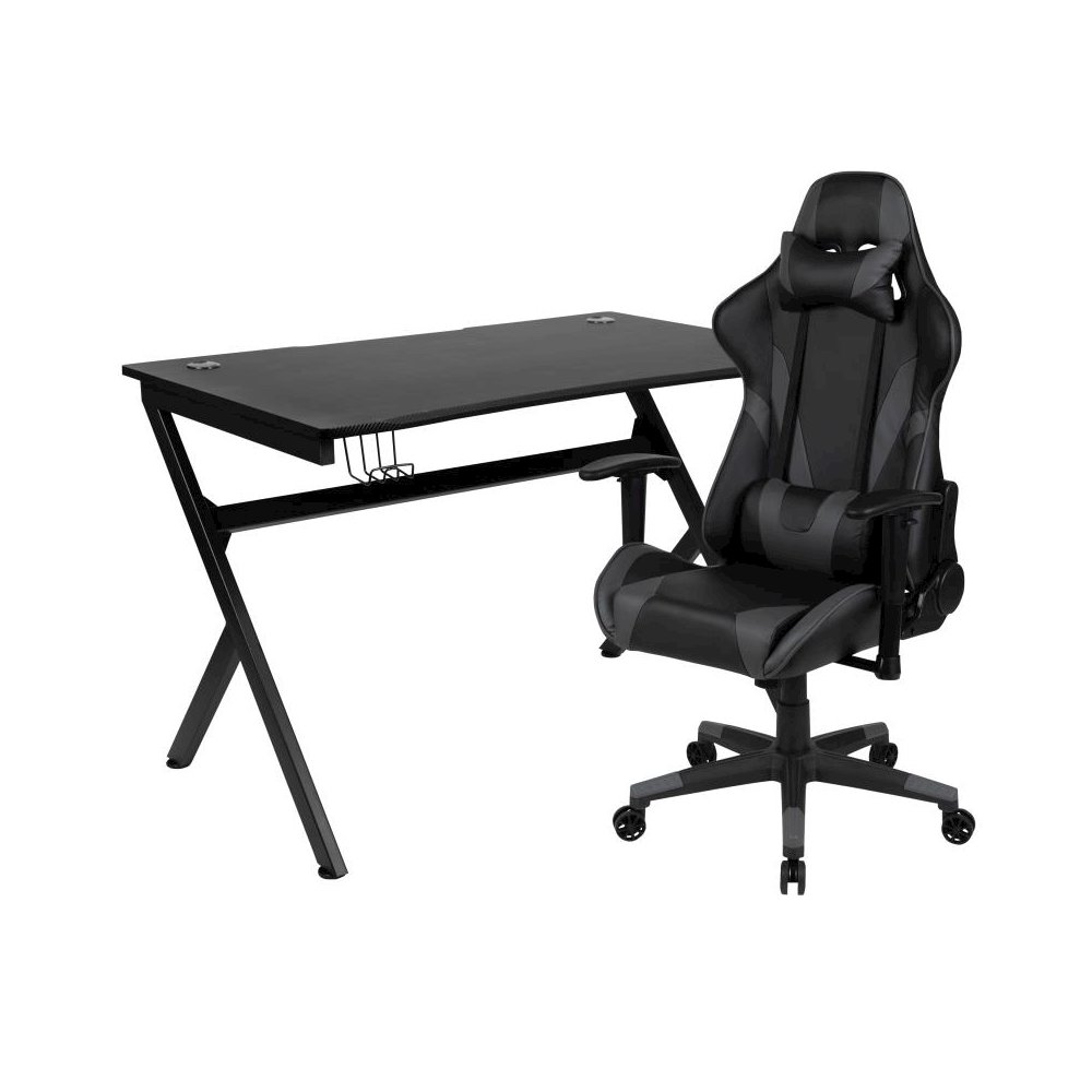 Black Gaming Desk and Gray/Black Reclining Gaming Chair Set with Cup Holder, Headphone Hook & 2 Wire Management Holes. Picture 1