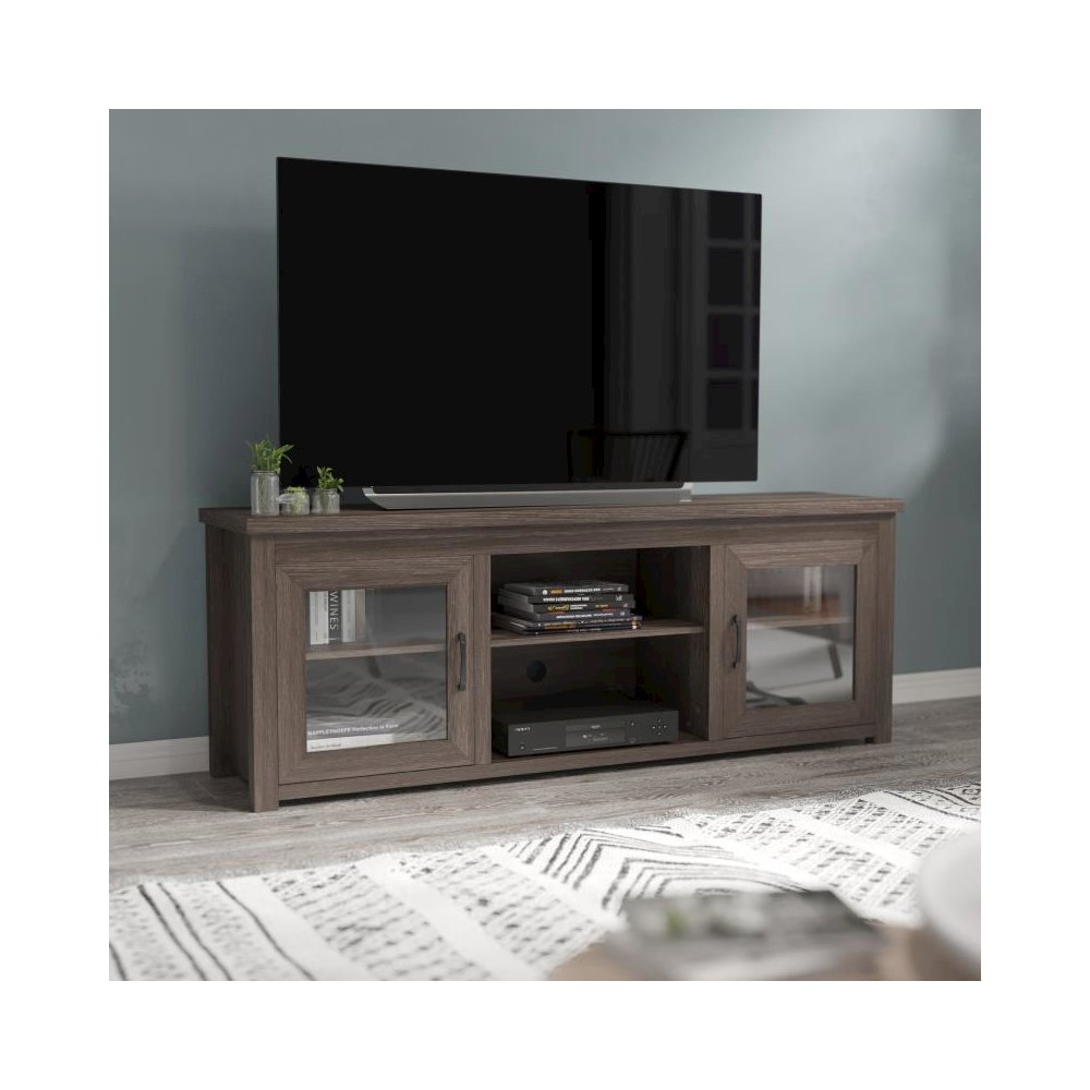 Classic TV Stand up to 80" TVs - Modern Black Wash Finish with Full Glass Doors  - 65" Engineered Wood Frame - 3 Shelves. Picture 2