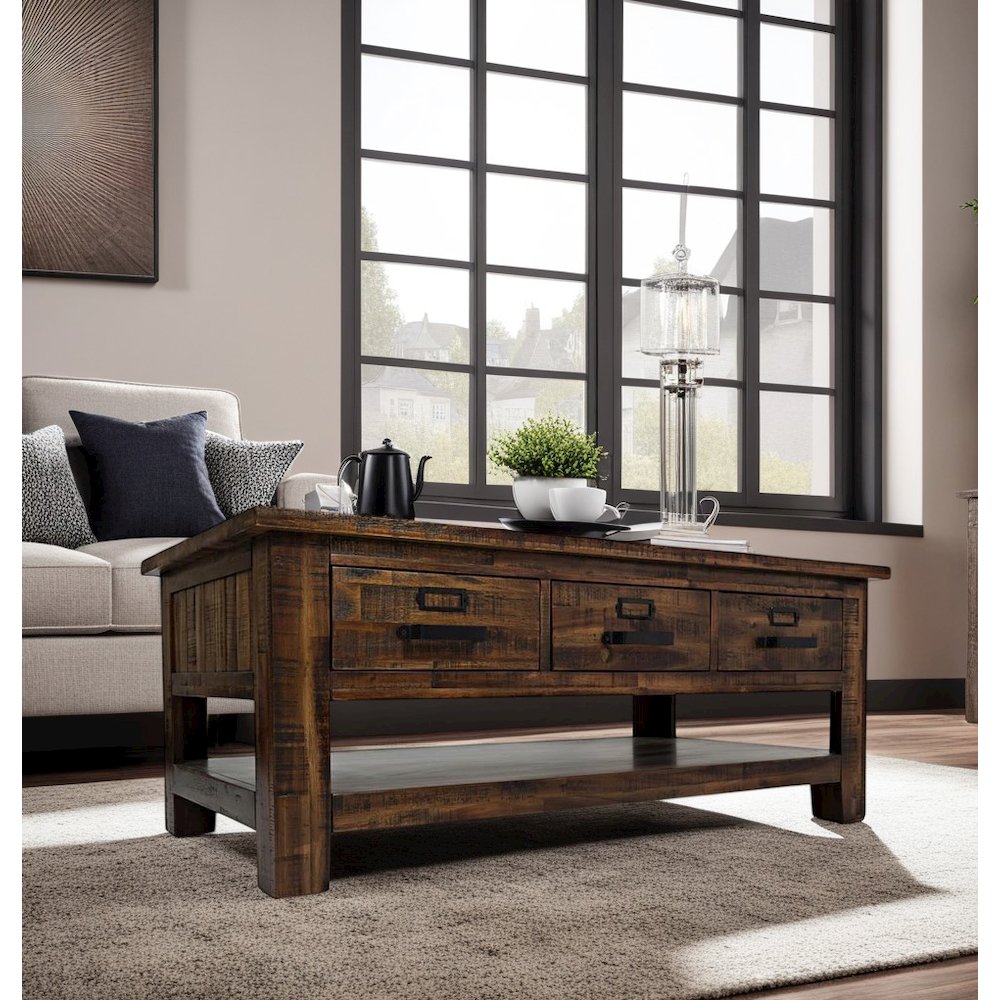 48-Inch Gray Coffee Table with Three Drawers, Acacia and MDF Construction. Picture 8