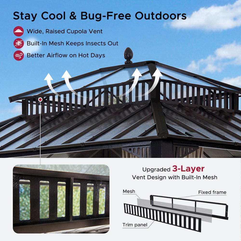 12 ft x 10 ft Hardtop Gazebo with Steel & PC Roof, Brown Aluminum Frame. Picture 3