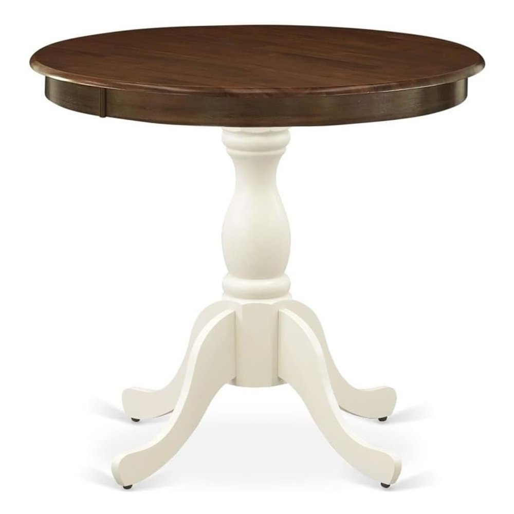 East West Furniture Dinning Table - Walnut Table Top and Linen White Pedestal Leg Finish. Picture 1