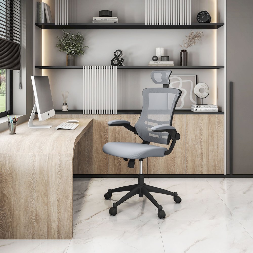 Modern High-Back Mesh Executive office Chair With Headrest And Flip Up Arms. Color: Silver Grey. Picture 2