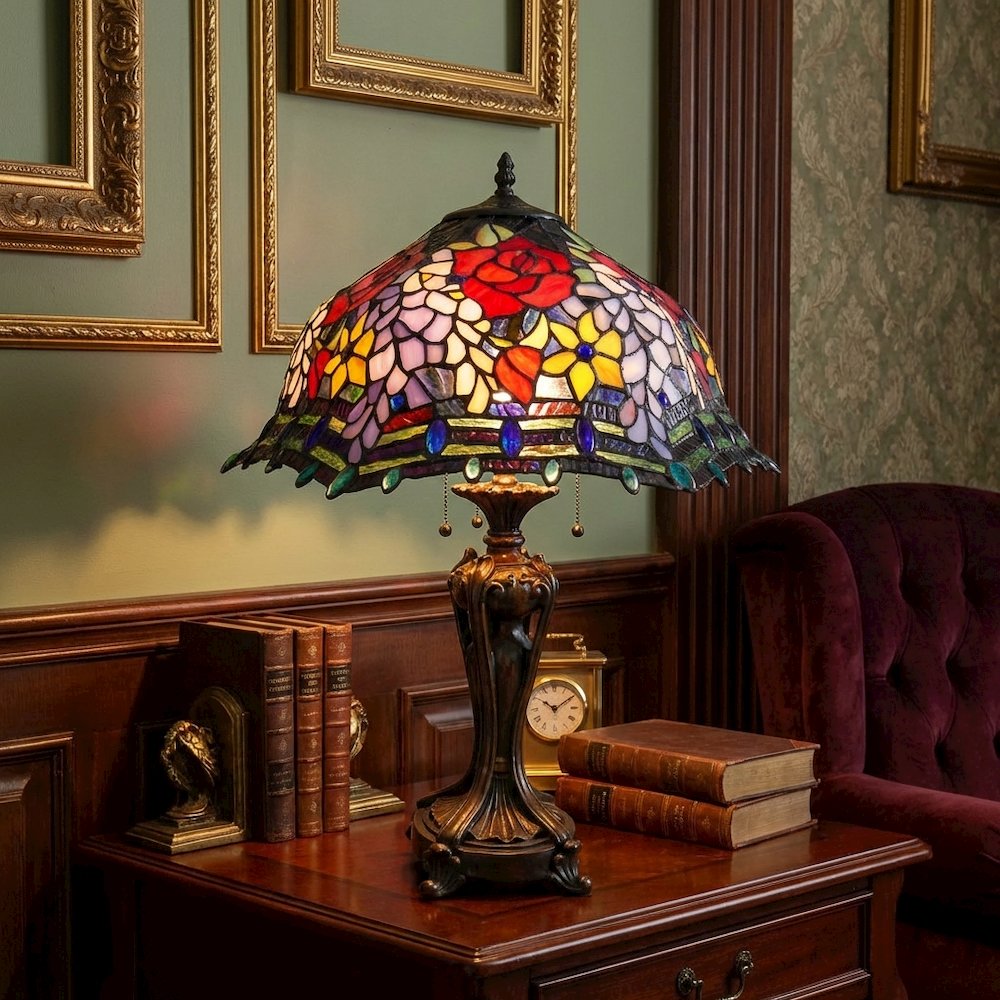 CARRELL Tiffany-style 3 Light Roses Table Lamp 20" Shade. Picture 2