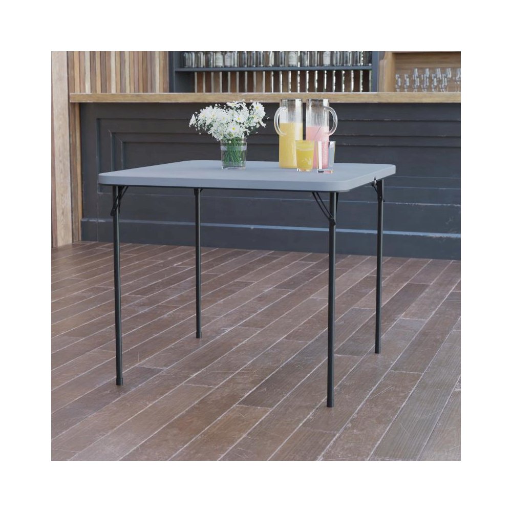 2.83-Foot Square Bi-Fold Gray Plastic Folding Table with Carrying Handle. Picture 2