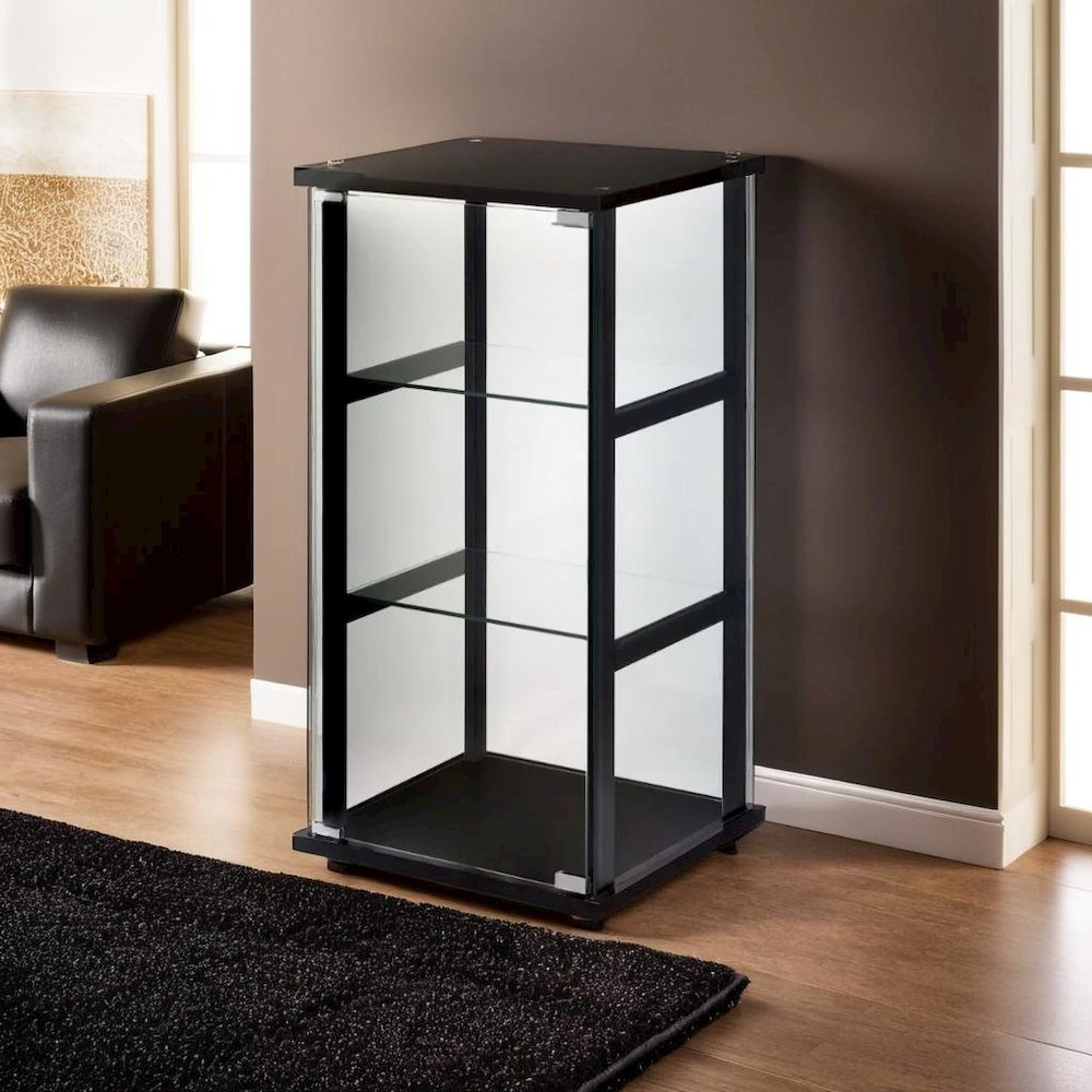 Stylish Black Glass Curio Cabinet with Three Shelves for Displaying Treasures. Picture 5