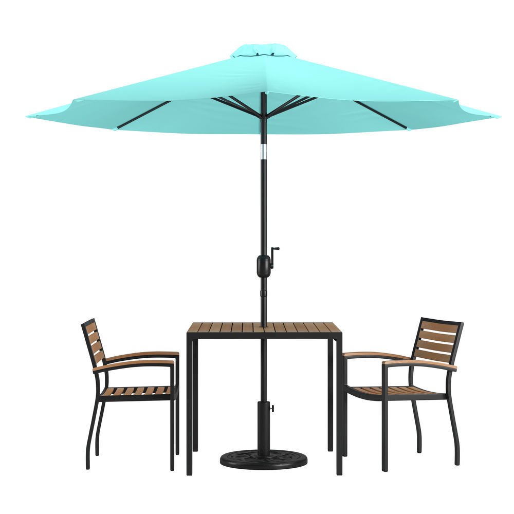 3 Piece Outdoor Patio Table Set - 30" x 48" Synthetic Teak Patio Table with Teal Umbrella and Base. Picture 1