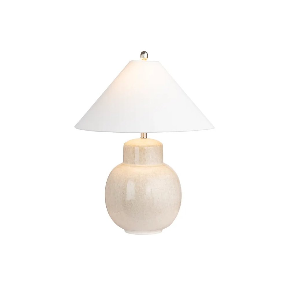 28" Transitional Tan Ceramic Table Lamp with Silver Accents & White Linen Shade. Picture 1