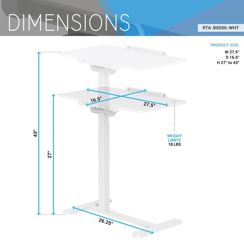 Techni Mobili Sit-to-Stand Rolling Adjustable Laptop Cart, White. Picture 14