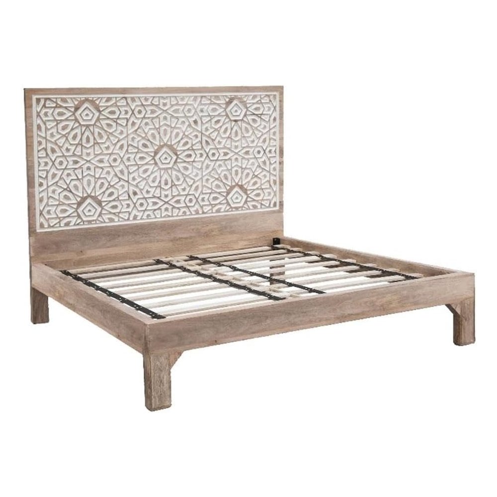 Haveli Geometric Carved Queen Bed in Natural White. Picture 1