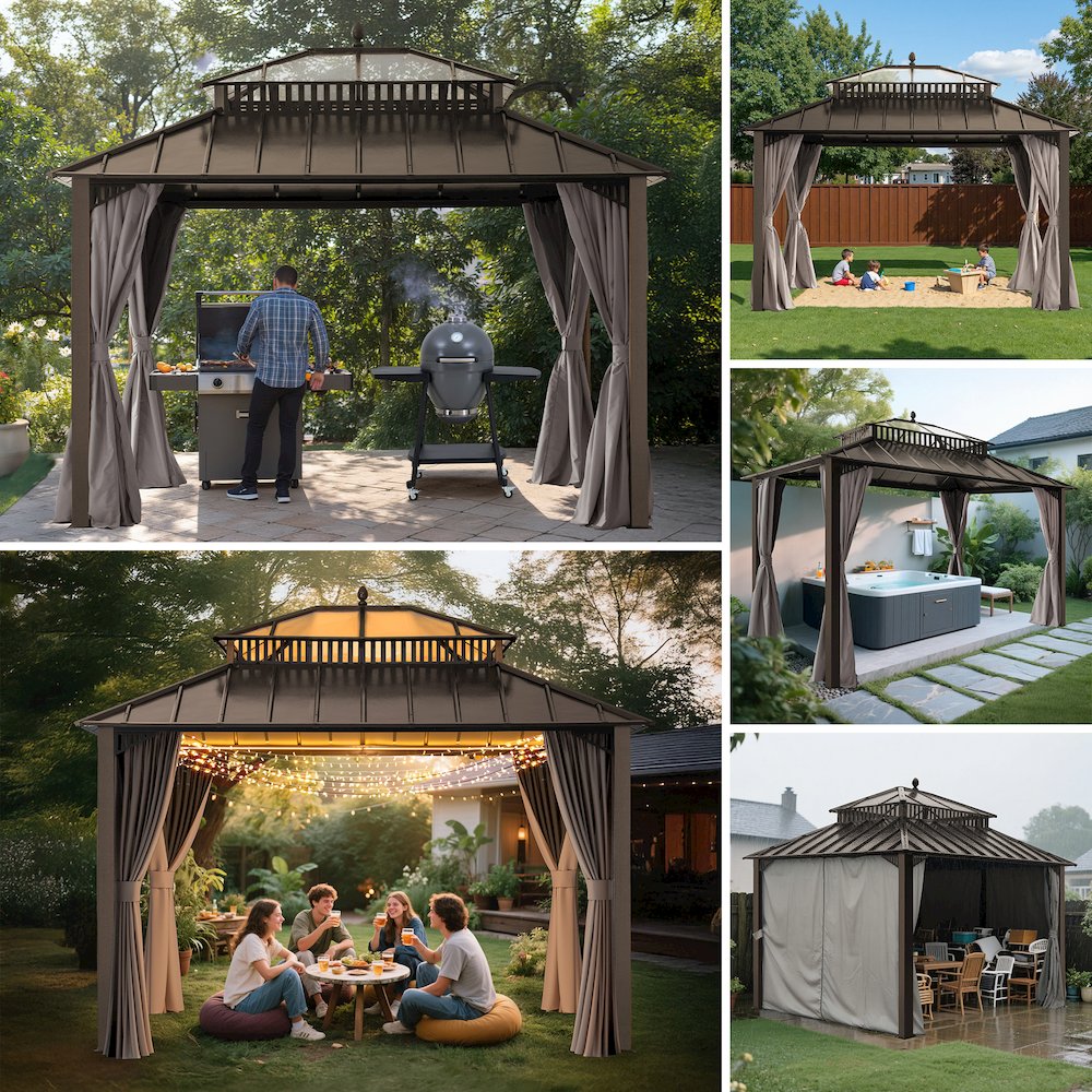 12 ft x 10 ft Hardtop Gazebo with Steel & PC Roof, Brown Aluminum Frame. Picture 5