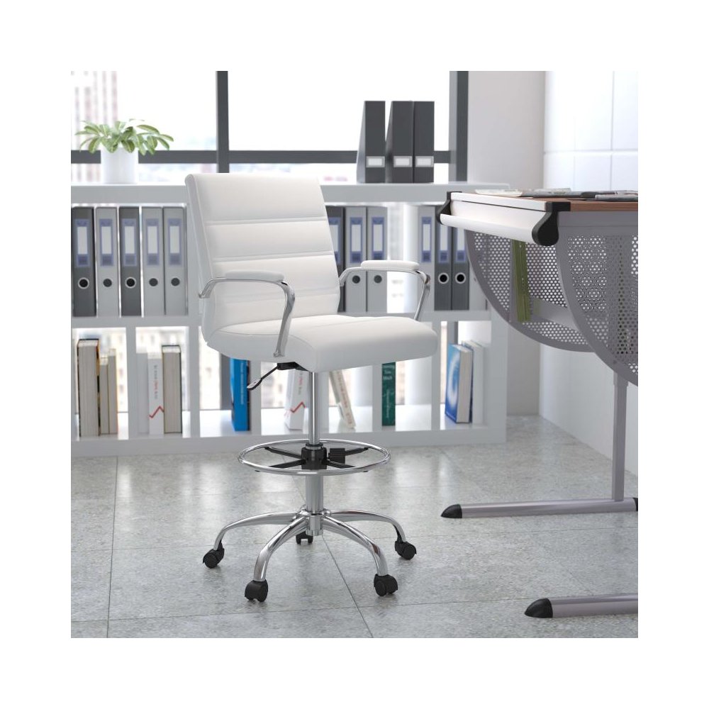 Mid-Back White LeatherSoft Drafting Chair with Adjustable Foot Ring and Chrome Base. Picture 2