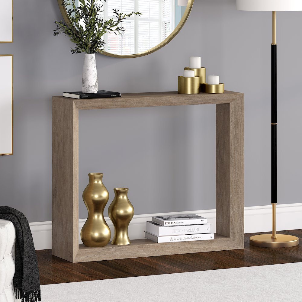 Osmond 36" Wide Rectangular Console Table in Antiqued Gray Oak. Picture 4