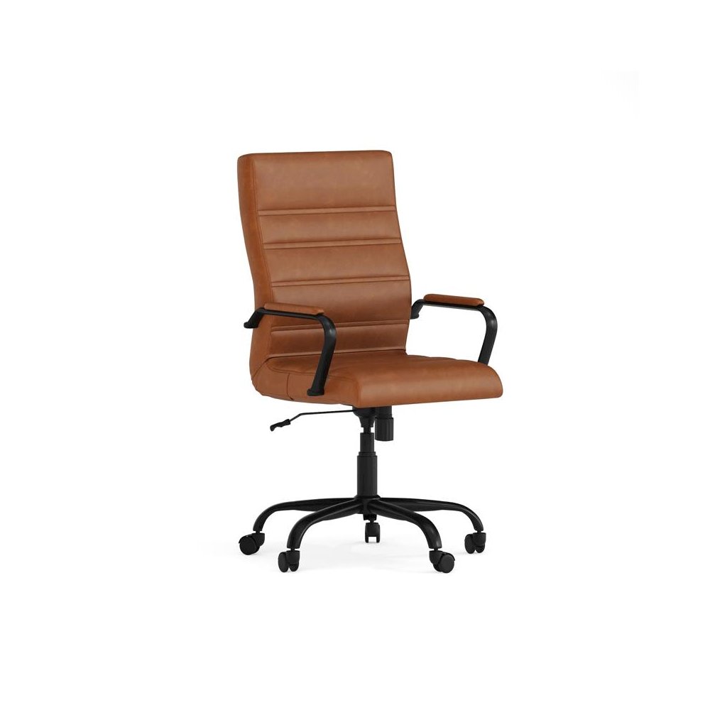 High Back Brown LeatherSoft Executive Swivel Office Chair with Black Frame and Arms. Picture 1