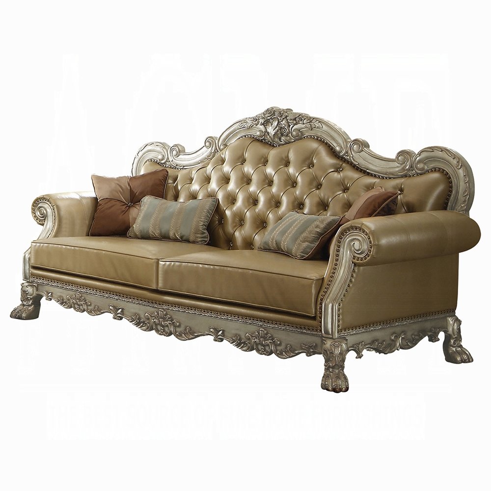 Dresden Sofa w/4 Pillows, Bone PU & Gold Patina (53160). Picture 4