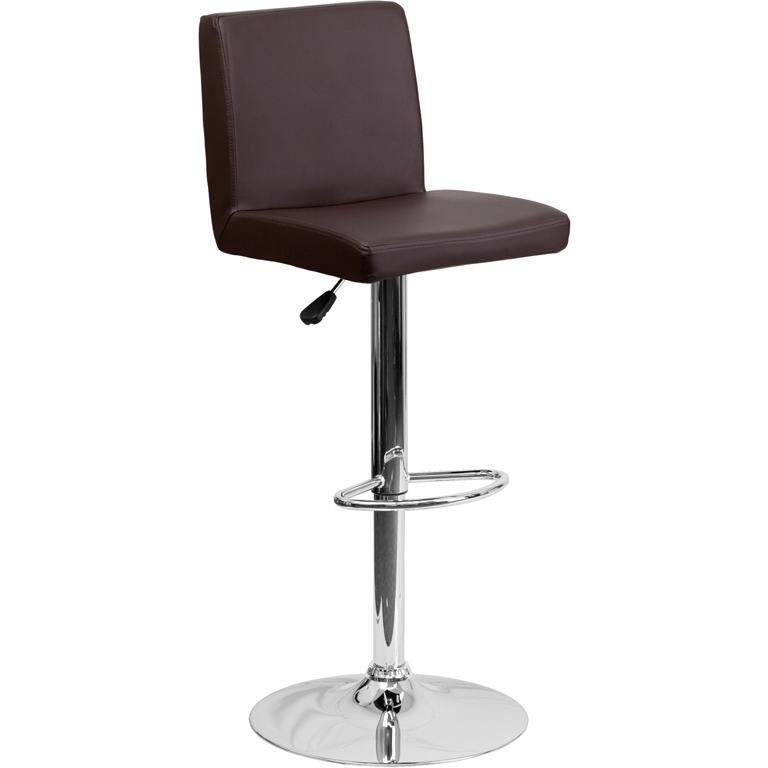 Brown Vinyl Adjustable Height Barstool with Panel Back and Chrome Base. Picture 1