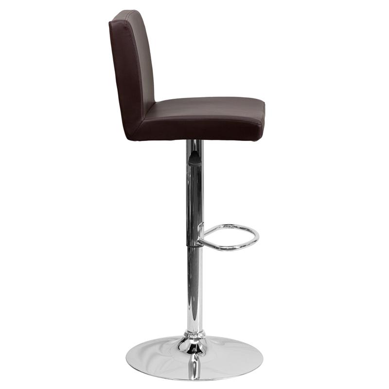 Brown Vinyl Adjustable Height Barstool with Panel Back and Chrome Base. Picture 2