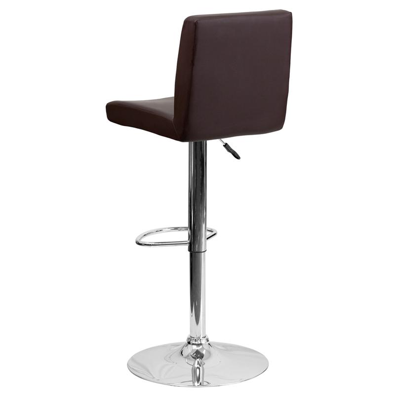 Brown Vinyl Adjustable Height Barstool with Panel Back and Chrome Base. Picture 3