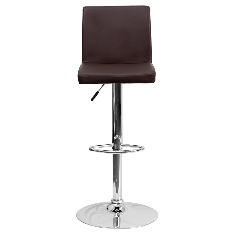 Brown Vinyl Adjustable Height Barstool with Panel Back and Chrome Base. Picture 4