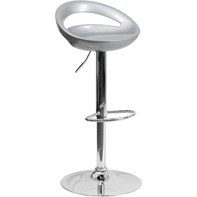 Silver Plastic Barstool with Rounded Cutout Back and Chrome Base. Picture 1