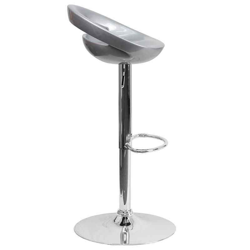 Silver Plastic Barstool with Rounded Cutout Back and Chrome Base. Picture 2