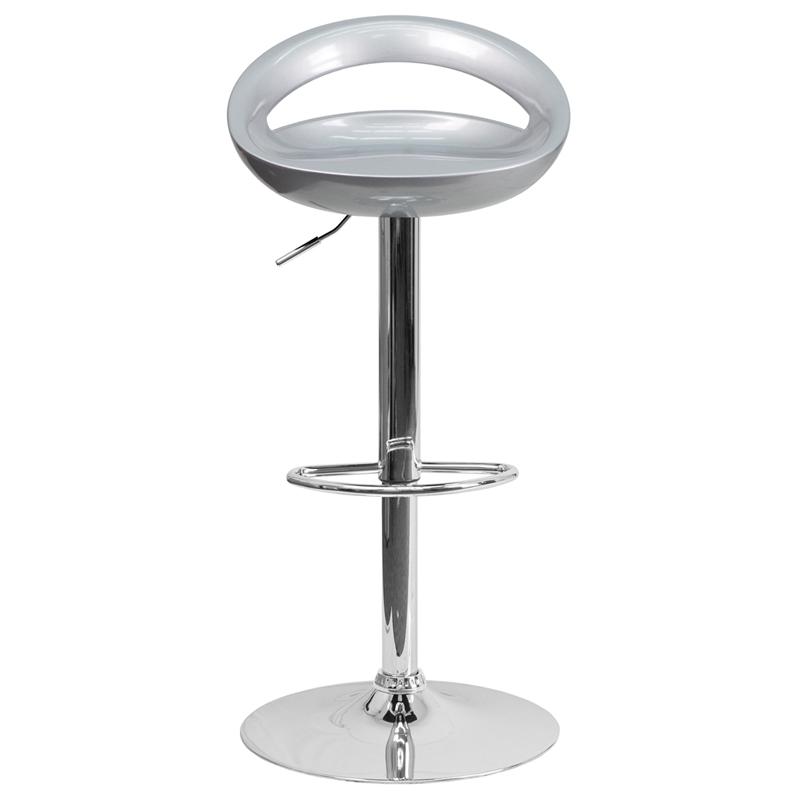 Silver Plastic Barstool with Rounded Cutout Back and Chrome Base. Picture 4