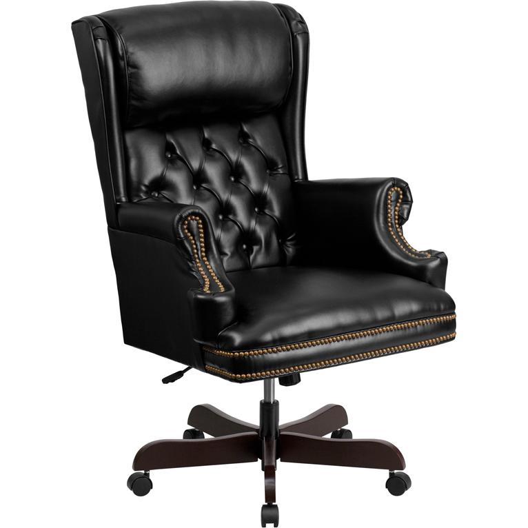 High Back Black Executive Office Chair with Oversized Headrest & Nail Trim Arms. Picture 1