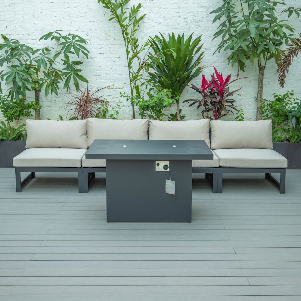 LeisureMod Chelsea 5-Piece Middle Patio Chairs and Fire Pit Table Set With Cushions, Beige. Picture 3