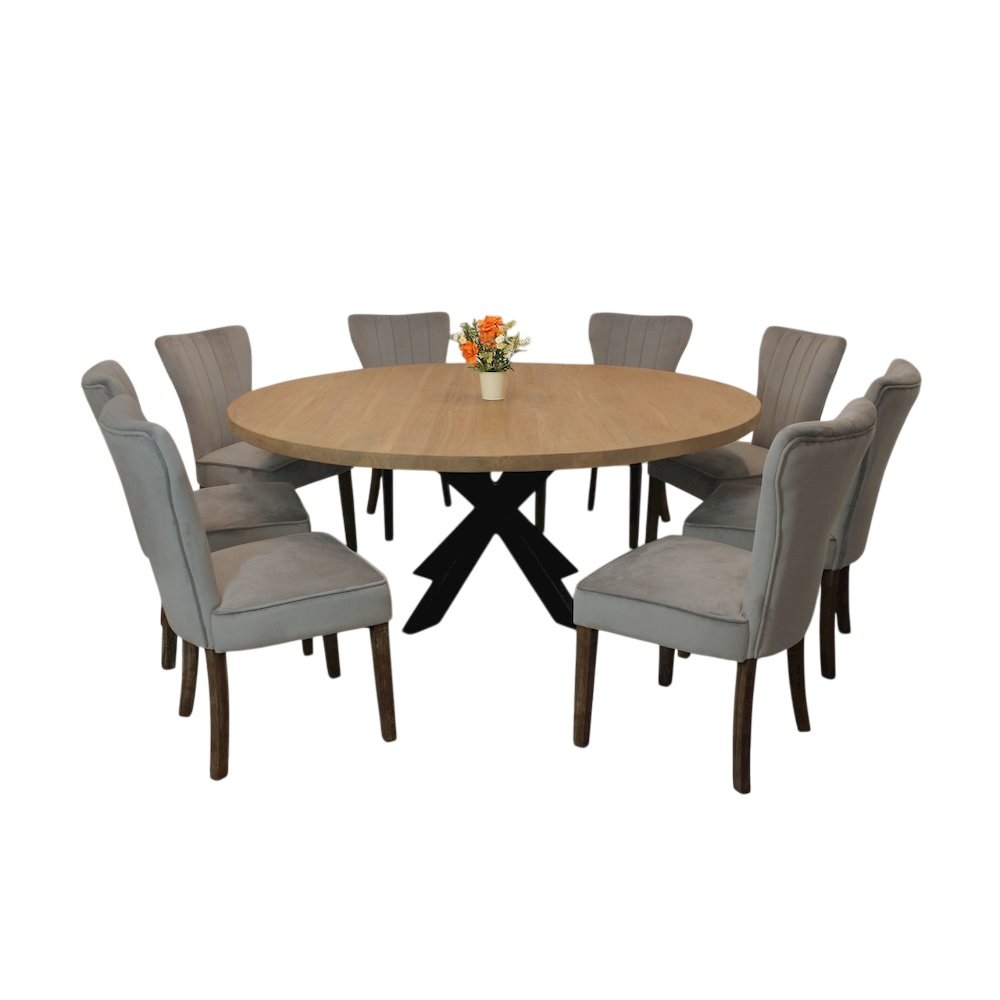 9-Piece 72 Dining Set 8 Cleo Dining Chairs in Mink Velvet Fabric Dark Brown Legs. Picture 1
