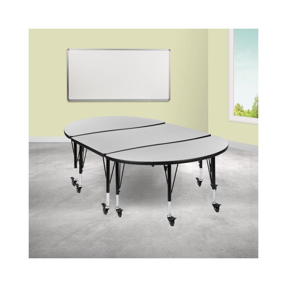 3 Piece 76" Oval Wave Flexible Grey Thermal Laminate Activity Table Set - Height Adjustable Short Legs. Picture 2