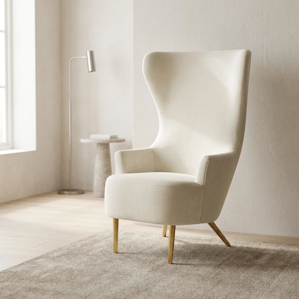 Cream Wingback Armchair with Padded Upholstery and Stylish Design. Picture 4