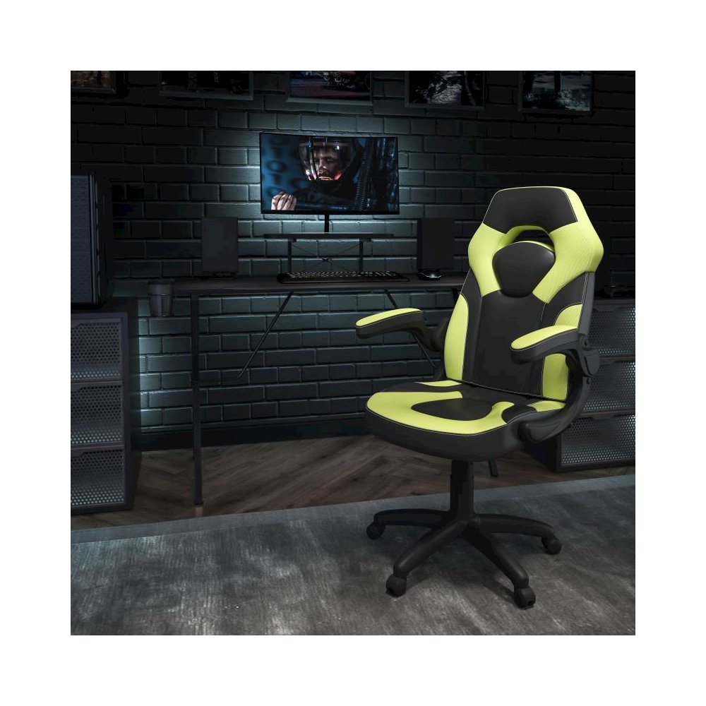 Black Gaming Desk and Green/Black Racing Chair Set with Cup Holder, Headphone Hook, and Monitor/Smartphone Stand. Picture 2