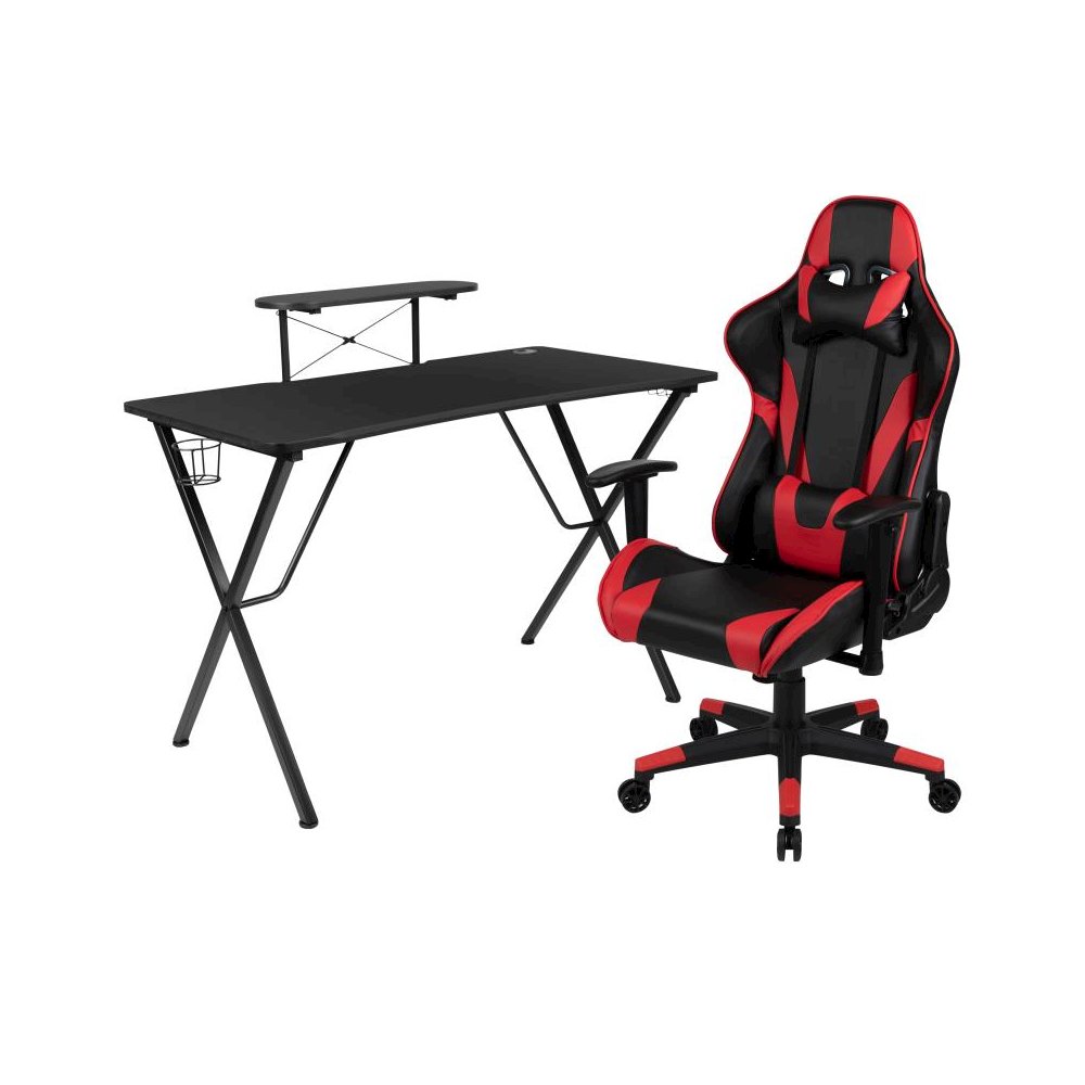 Black Gaming Desk and Red/Black Reclining Gaming Chair Set with Cup Holder, Headphone Hook, and Monitor/Smartphone Stand. Picture 1
