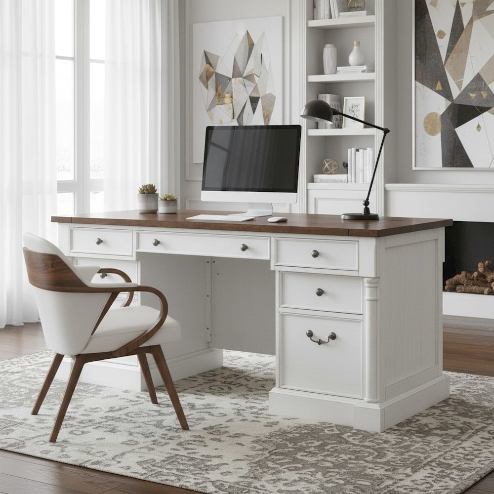 Rustic Wood Double Pedestal Executive Desk, 7 Drawers, White/Cherry. Picture 2