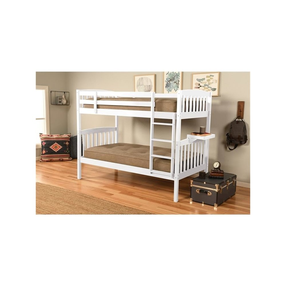 Claire Twin Wood Bunk Bed with Tray in White-Mattresses Not Included. Picture 3