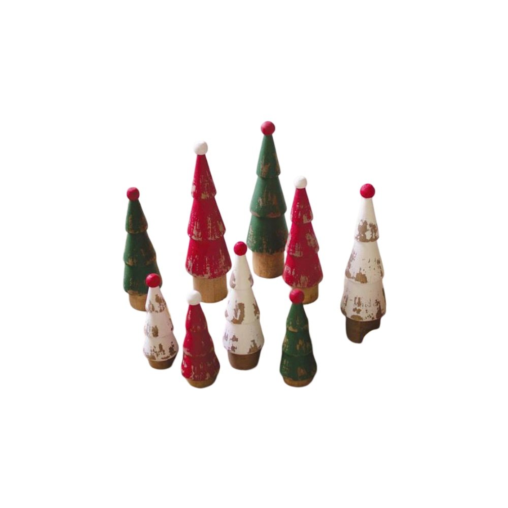 Set Of Nine Turned Wood Painted Christmas Trees. Picture 1