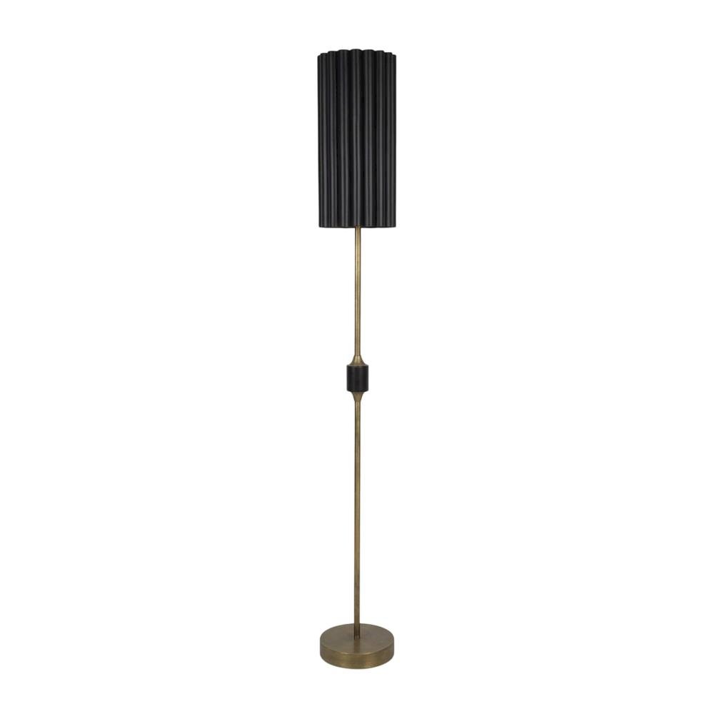 Antique Gold Floor Lamp With Fluted Black Metal Shade. Picture 1