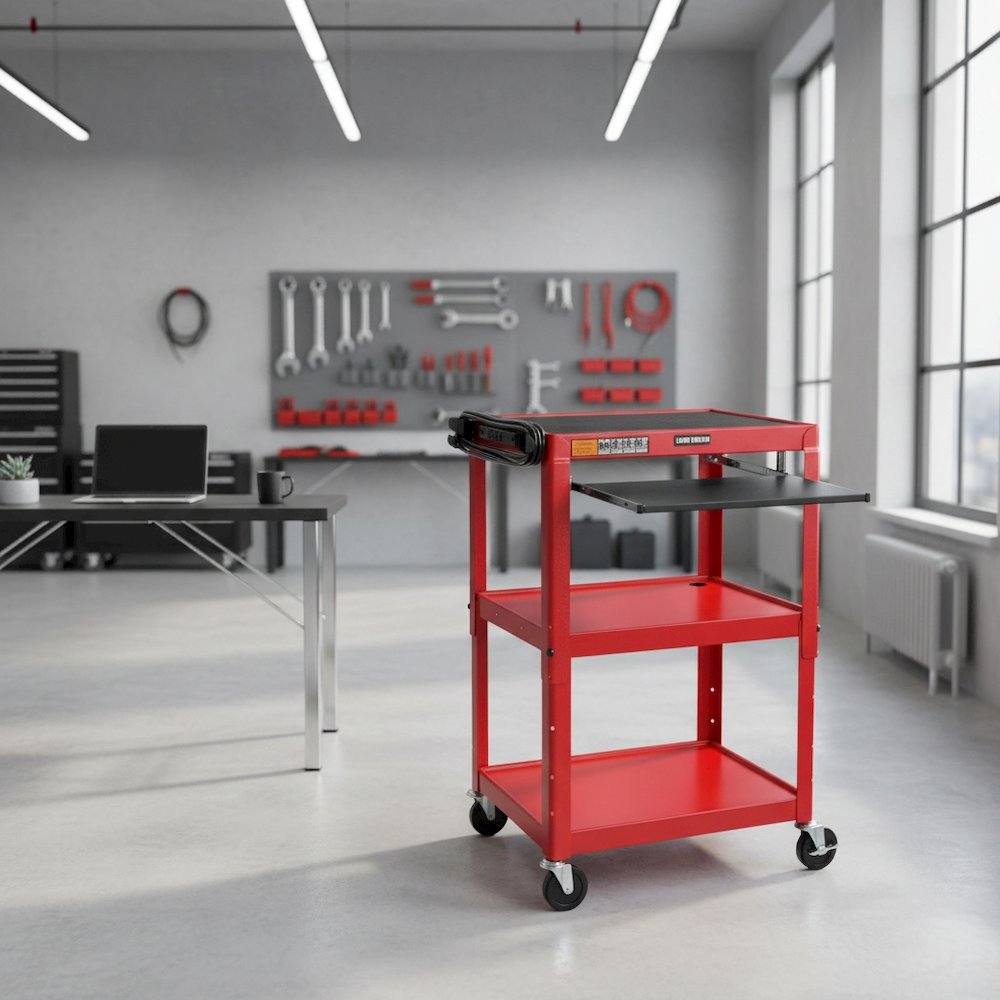 Adjustable-Height Three-Shelf Media Utility Cart - Pullout Keyboard Tray, Red. Picture 6