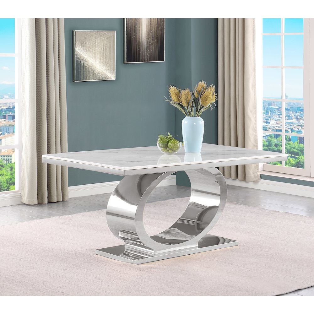Small 68" Rectangular marble top dining table with a silver color base. Picture 2