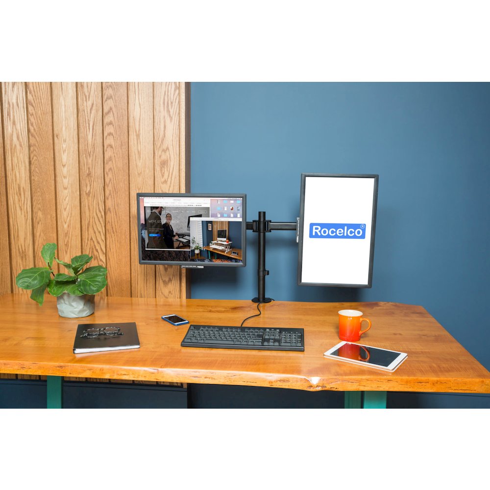 Rocelco Premium Desk Computer Monitor Mount - VESA pattern Fits 13" - 27" LED LCD Dual Flat Screen - Double Articulated Full Motion Adjustable Arm - Grommet and C Clamp - Black (R DM2). Picture 7
