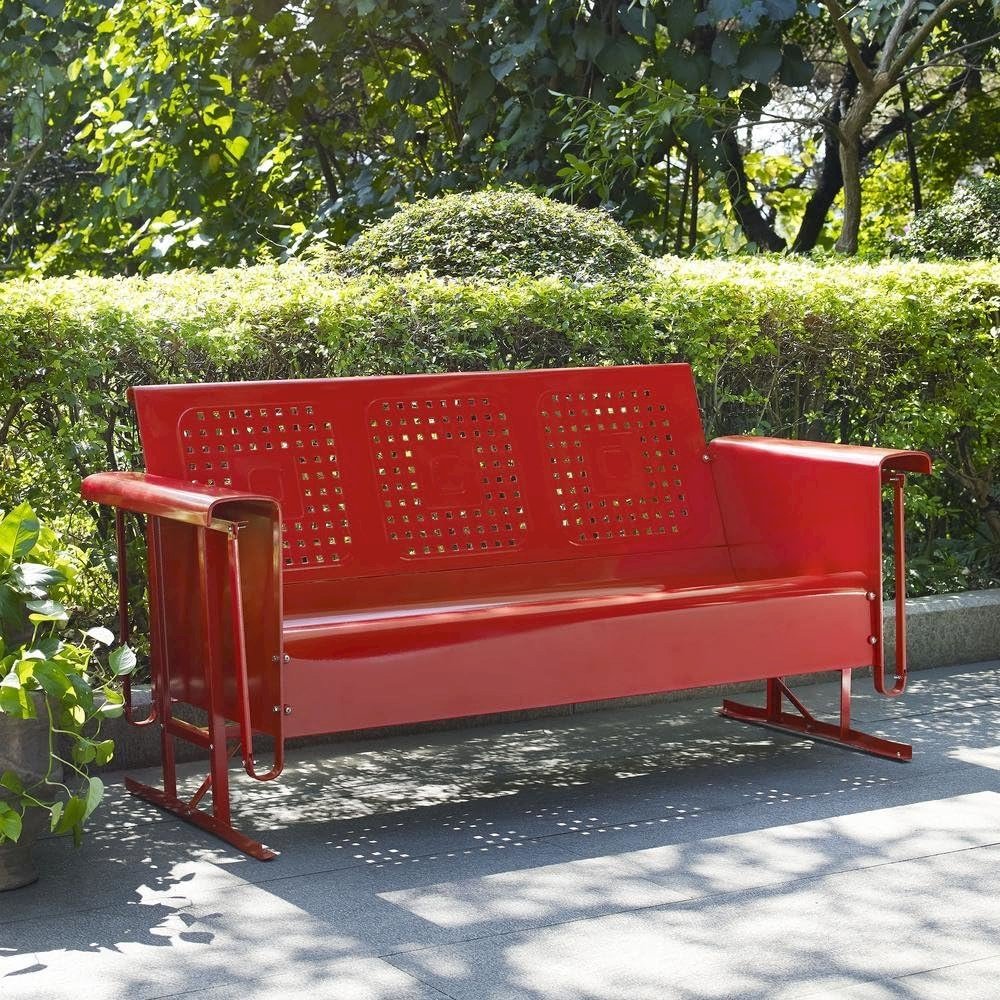 Red outdoor sofa glider with sturdy frame and comfortable seating for three. Picture 2
