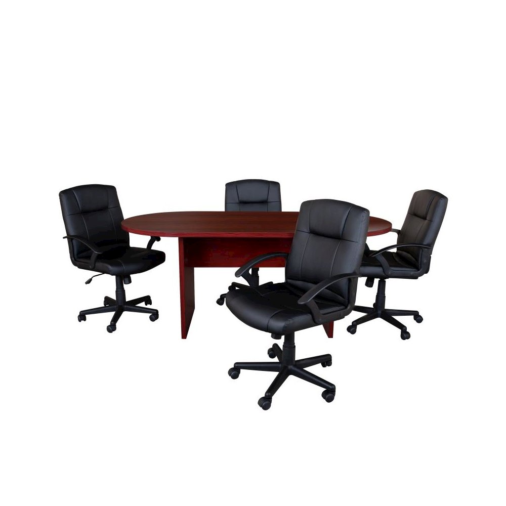 5 Piece Mahogany Oval Conference Table Set with 4 Black LeatherSoft-Padded Task Chairs. Picture 1