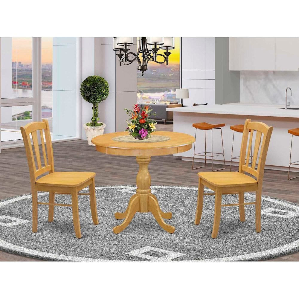 AMDL3-OAK-W - 3-Piece Dining Room Table Set- 2 Modern Dining Room Chair and Dining Table - Wooden Seat and Slatted Chair Back - Oak Finish. Picture 1