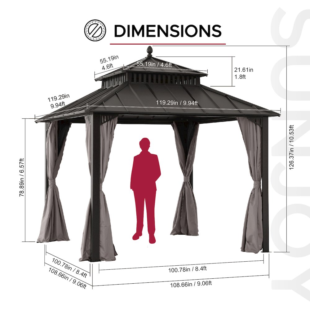 10 ft x 10 ft Hardtop Gazebo with Steel Roof, Brown Aluminum Frame. Picture 7