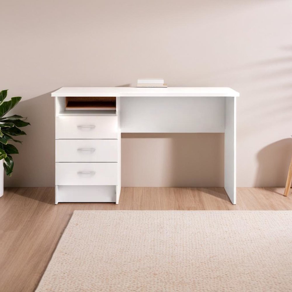 Sleek White Computer Desk with Three Drawers and Open Shelf for Storage. Picture 3