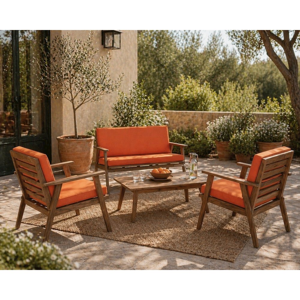 Acacia Fabric Outdoor Chat Set with Foam Cushions and Ambient Brown Finish. Picture 8
